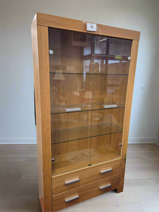 Tall oak 2 glass door 2 drawer display unit  4224