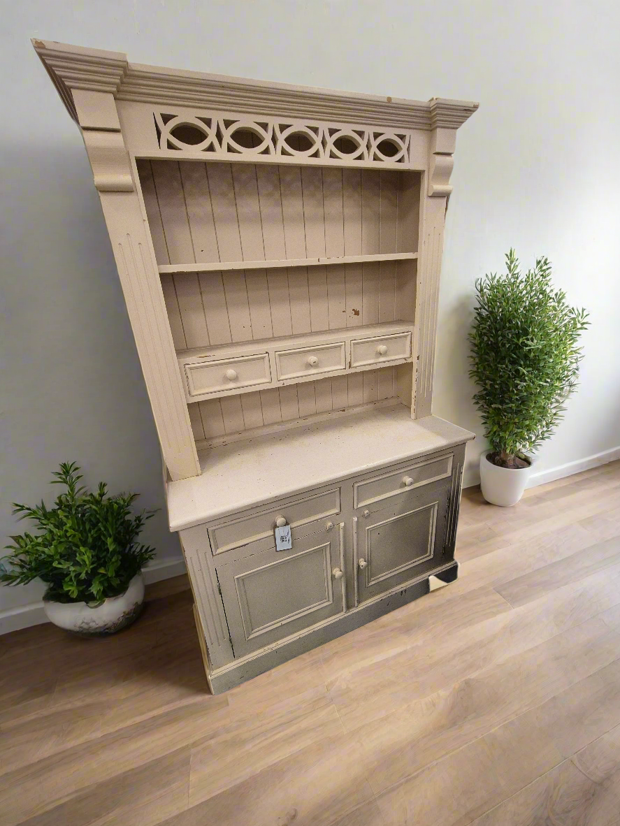 Tall top open cream painted solid wood kitchen dresser with ornate detail and base doors  1125