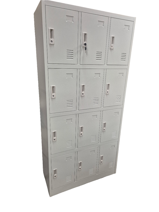 NEW  Stock 12 door personal lockers with keys in grey metal 900W x 400D x 1850H