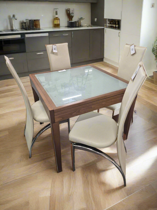 Square wood framed glass extendable kitchen table and 4 no. cream leatherette high back dining chairs 3124