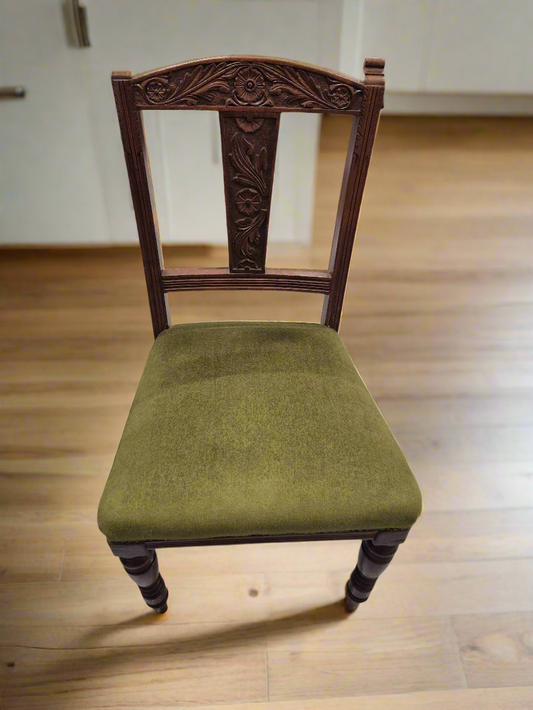 Mahogany stained ornate dining chair with green velour seat fabric  4124