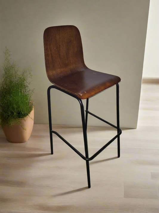 Pitch plywood stained tall bar stool, black metal frame