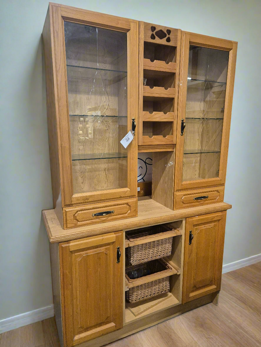 Tall solid oak 2 glass door kitchen dresser with wine storage and pull out wicker baskets 3124