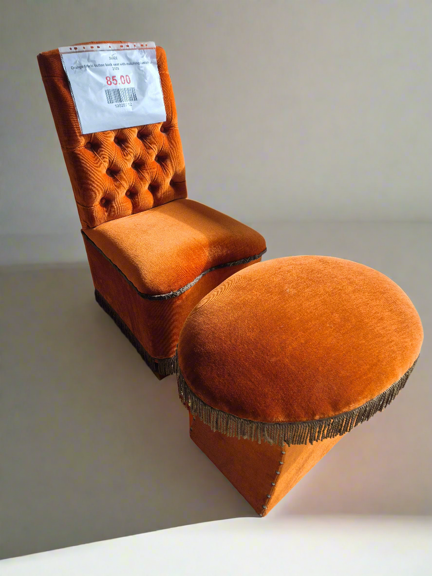 Orange fabric button back seat with matching footstool 2125