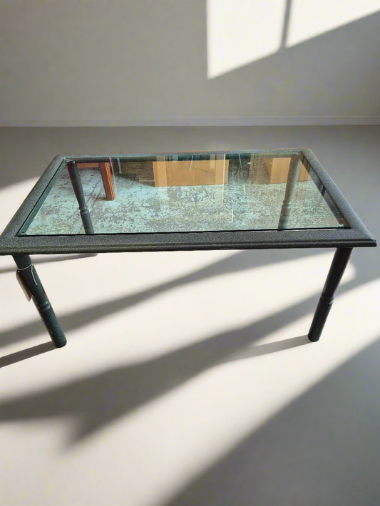 Green metal effect low rectangular coffee table with glass top  3124