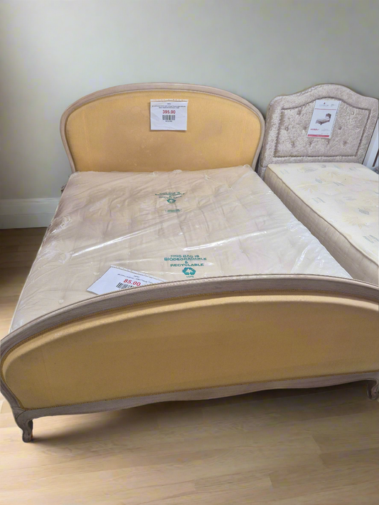 5ft solid wood white wash stained French style bed with fabric head and base board  3324