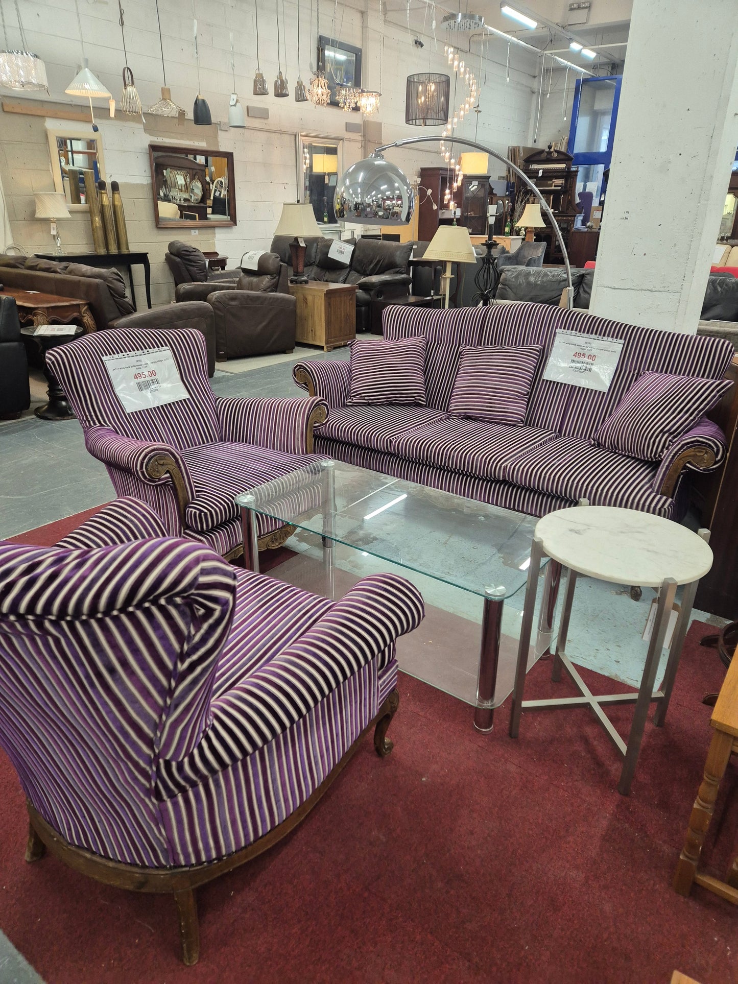 Ornate Purple Stripe 3+1+1 Wooden Framed Sofa Suite