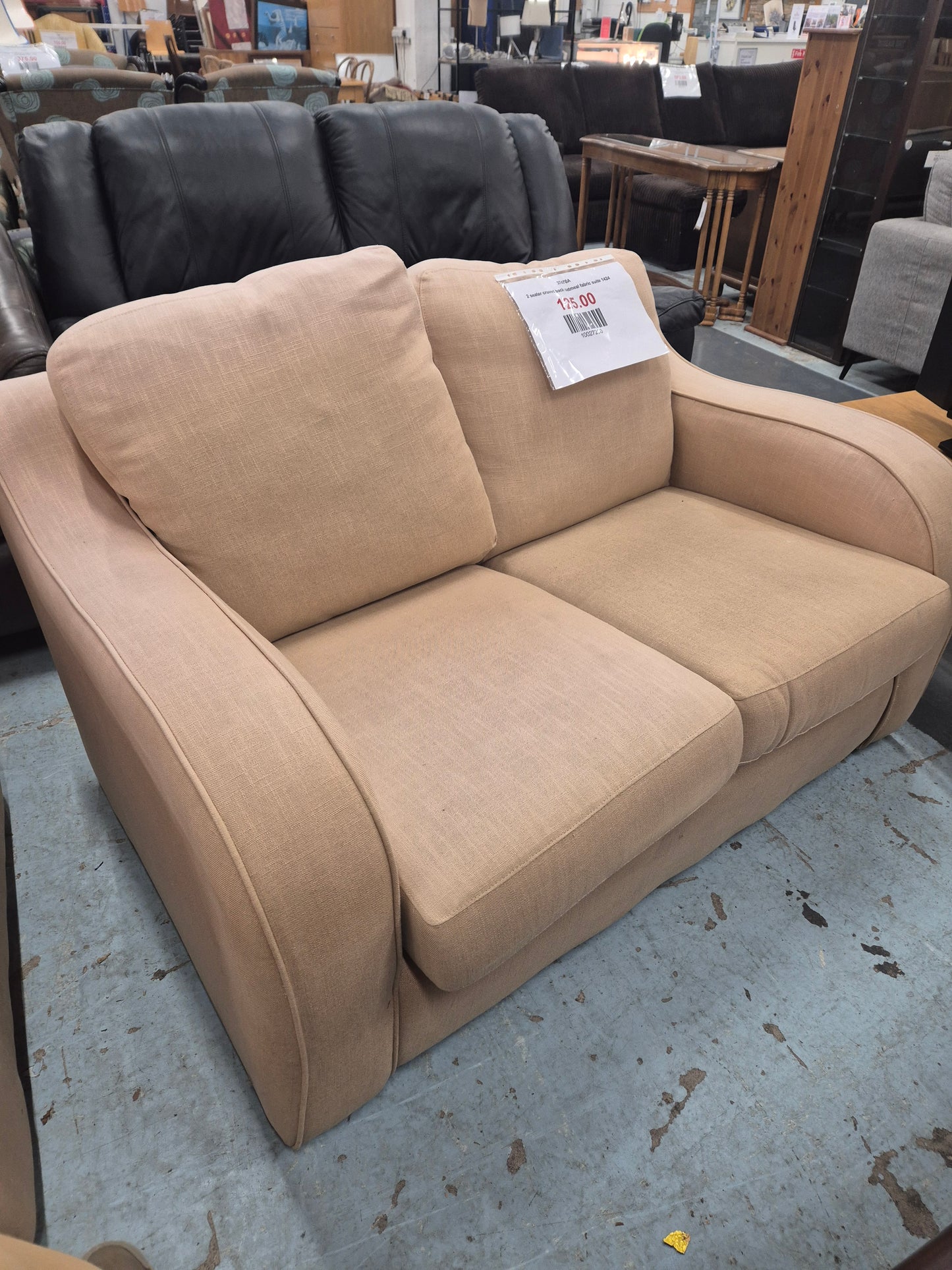 2 seater cruved back oatmeal fabric suite 1424