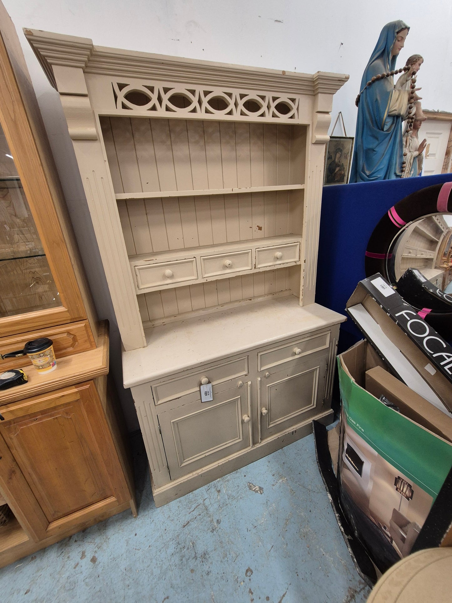 Tall top open cream painted solid wood kitchen dresser with ornate detail and base doors  1125