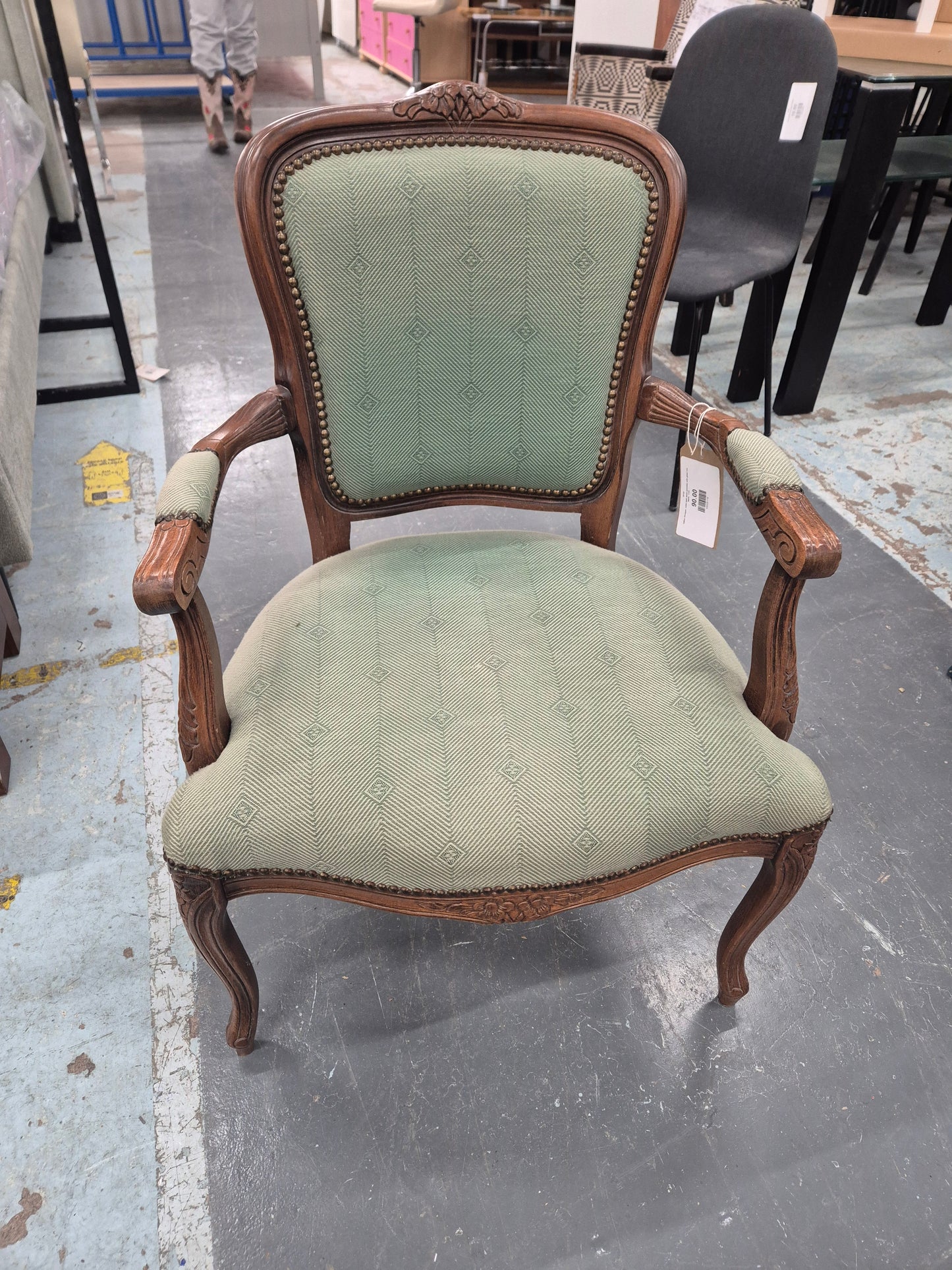 Italian limogue, solid dark wood armchair with green mix fabric  1125