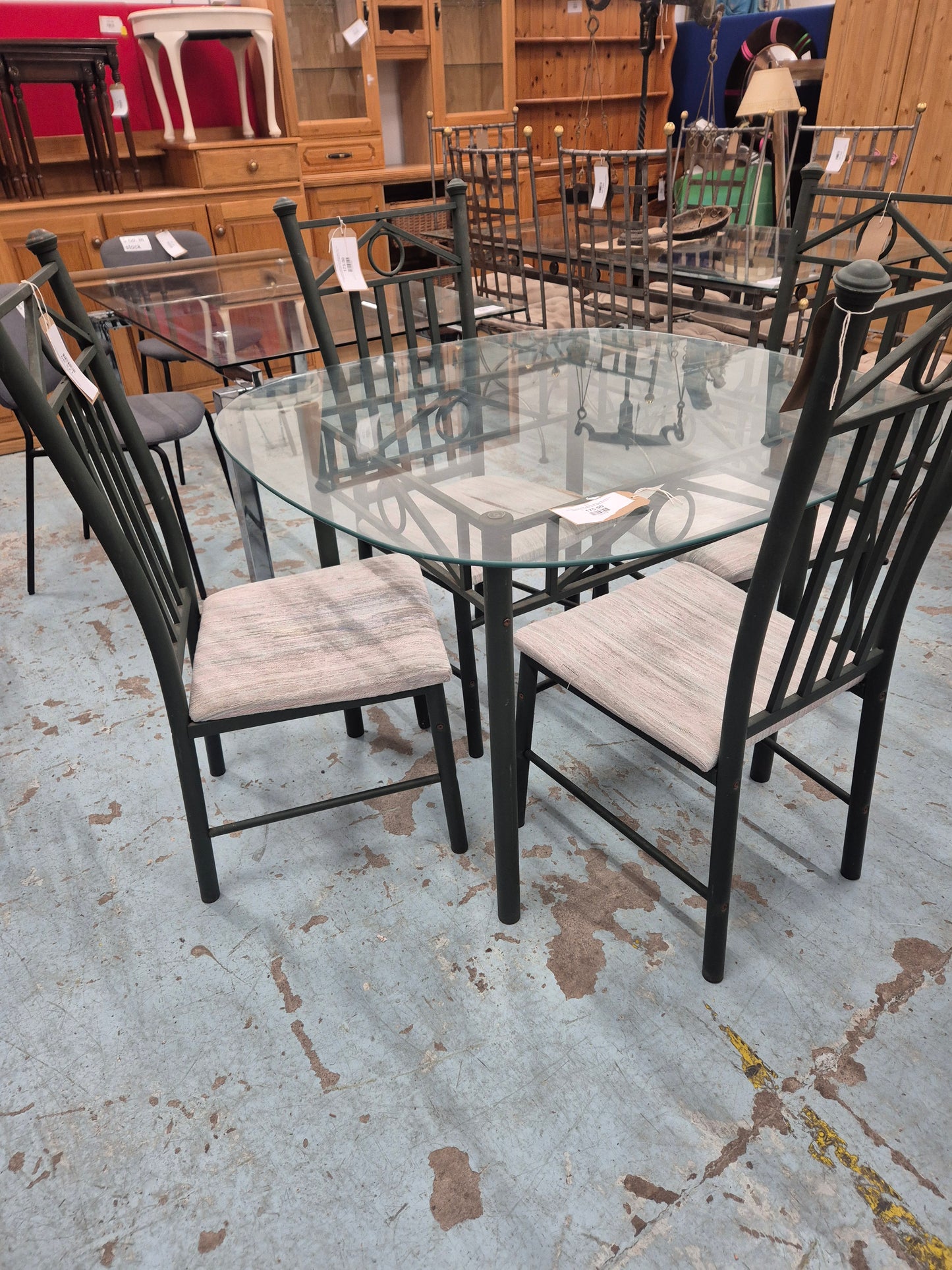 Al Frank framed metal and glass dining table with 4 no. matching chairs (fabric needs replacing) 1125