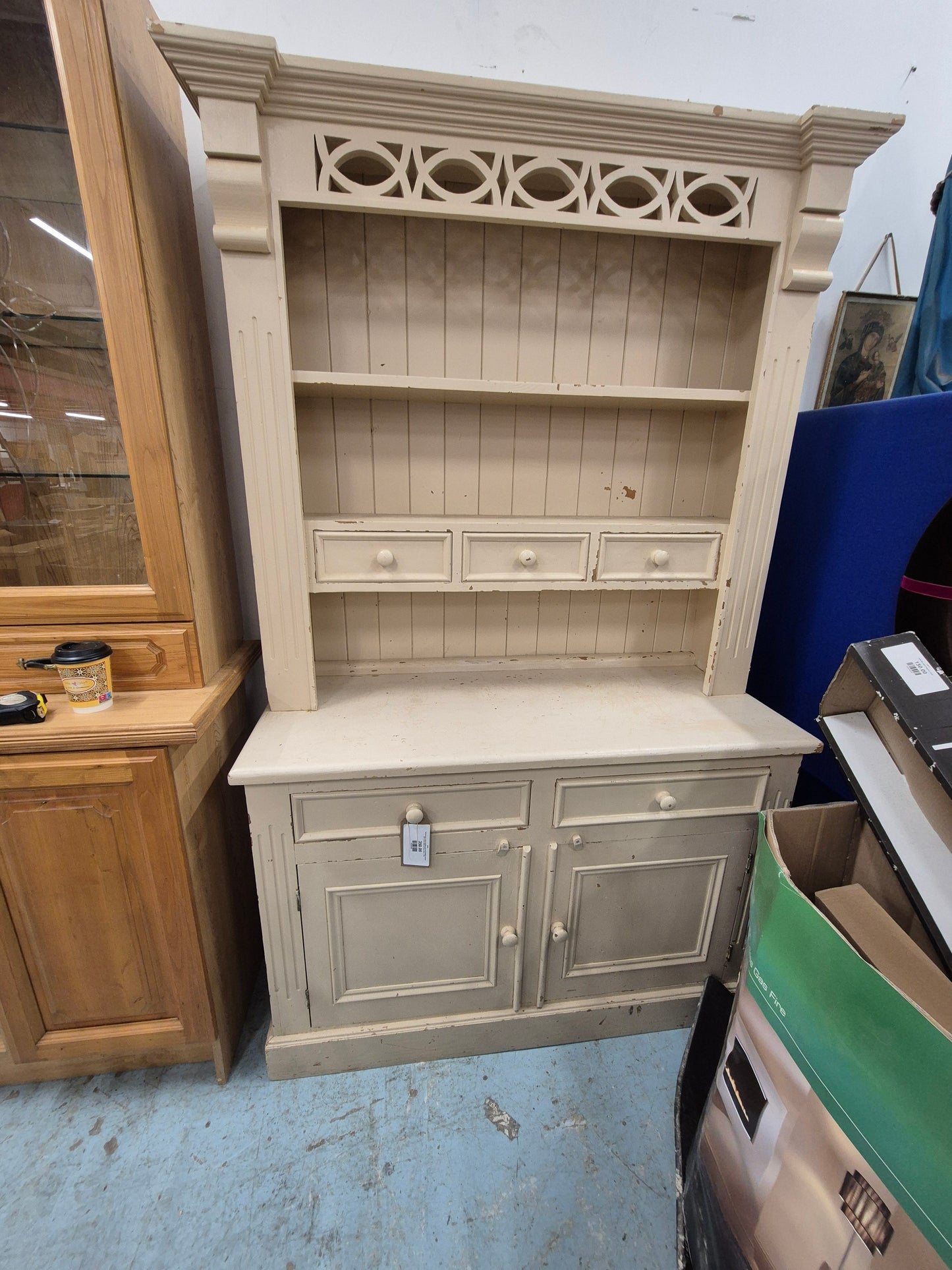 Tall top open cream painted solid wood kitchen dresser with ornate detail and base doors  1125