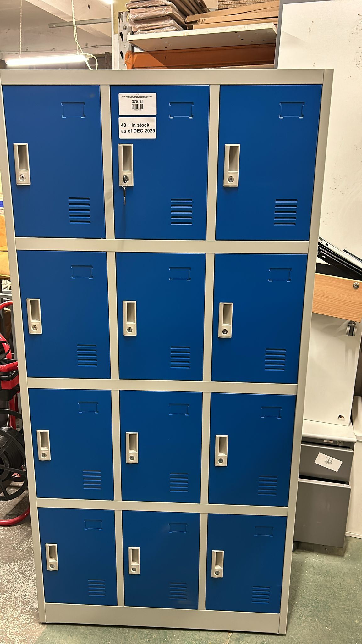 NEW  Stock 12 door personal lockers with keys in grey and blue metal 900W x 400D x 1850H