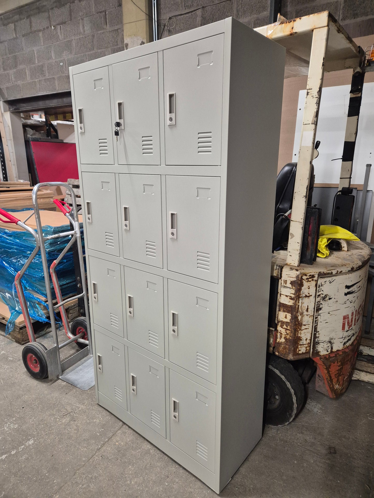 NEW  Stock 12 door personal lockers with keys in grey metal 900W x 400D x 1850H