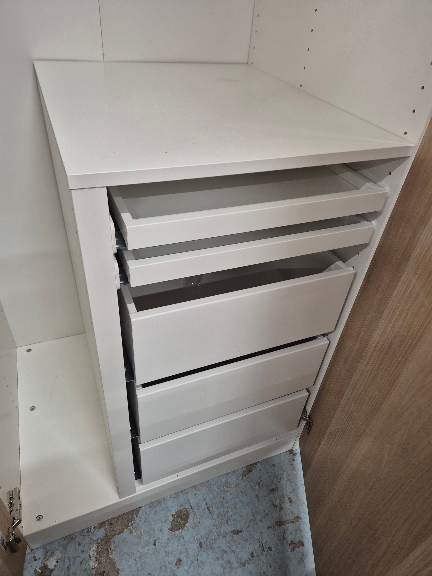 Tall Ikea oak laminate and white carcass freestanding wardrobe with internal shelves and drawer  1125