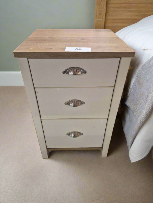 cream bedside locker with wood top and metal handles