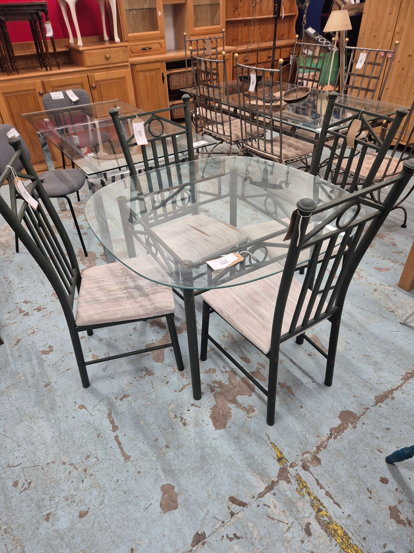 Al Frank framed metal and glass dining table with 4 no. matching chairs (fabric needs replacing) 1125