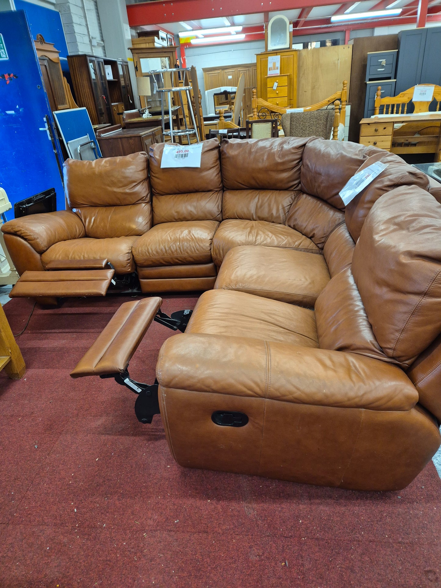 Large tan leather sectional recliner corner sofa suite 4224