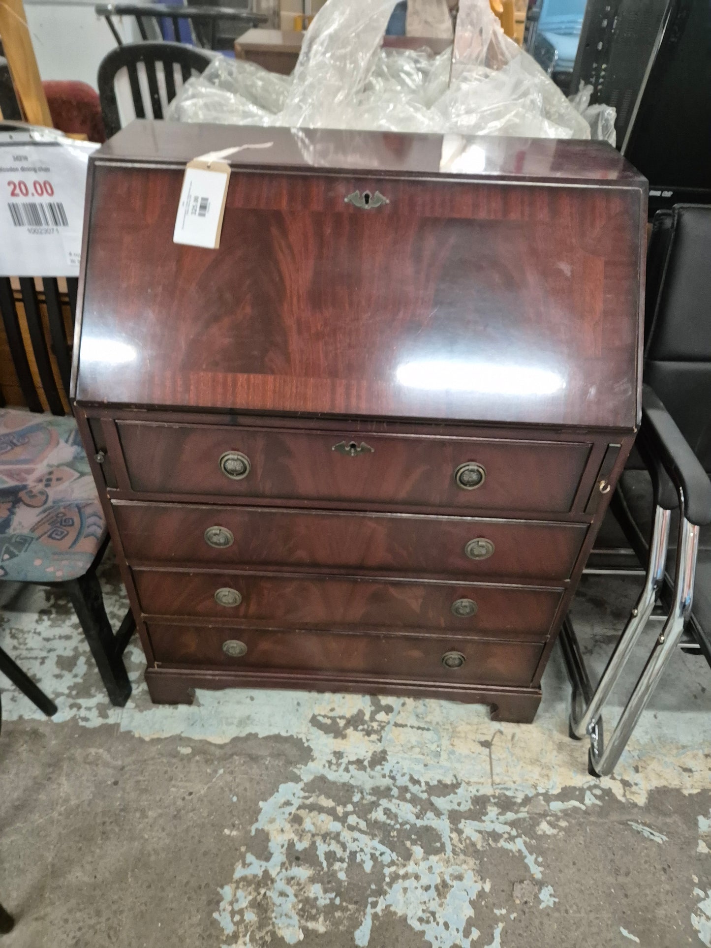 Rosewood mahogany 3 drawer writing bureau, green leather inlaid top 2224