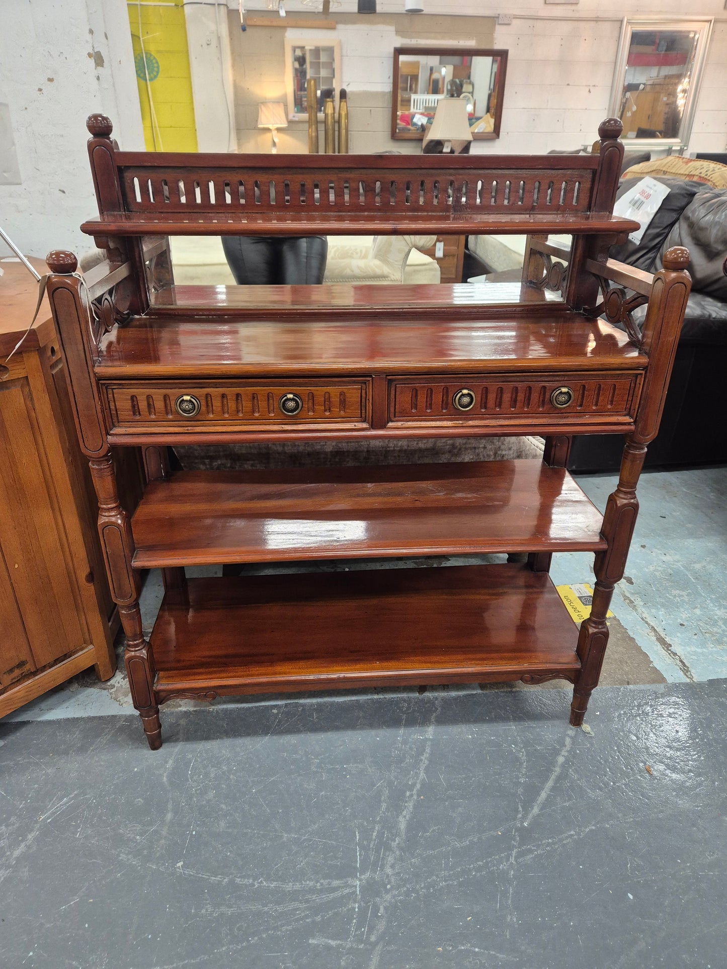 Ornate mahogany 2 drawer tiered display unit  1125