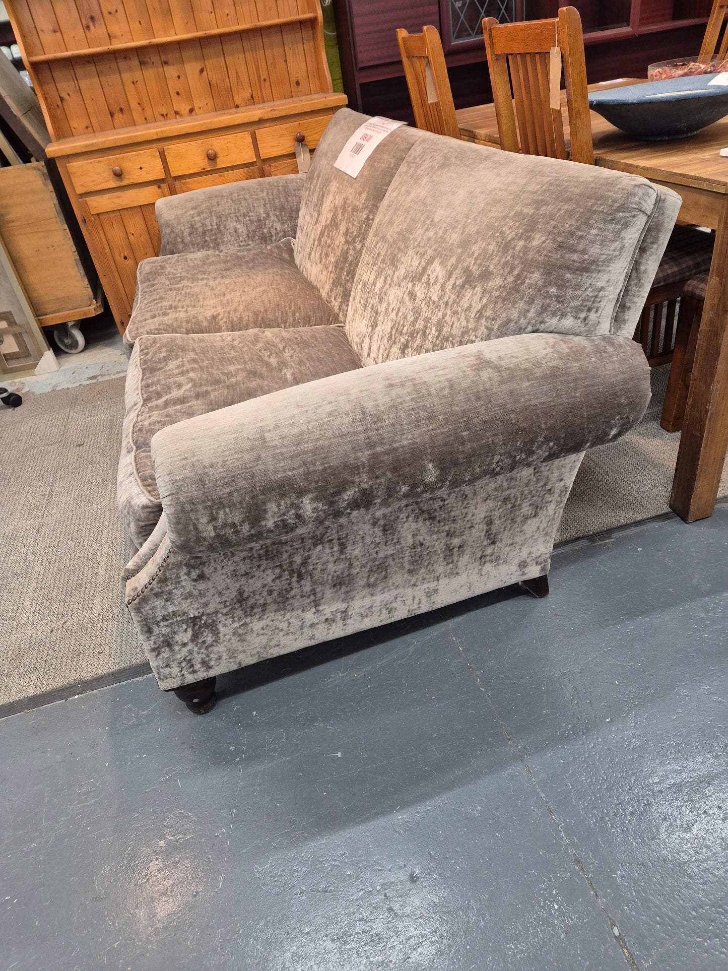 John Sankey Tolstoy grand sofa, scalloped rolling arms, crushed grey velvet 2 seater roll back sofa, feather filled cushions with a foam core%A0 4224