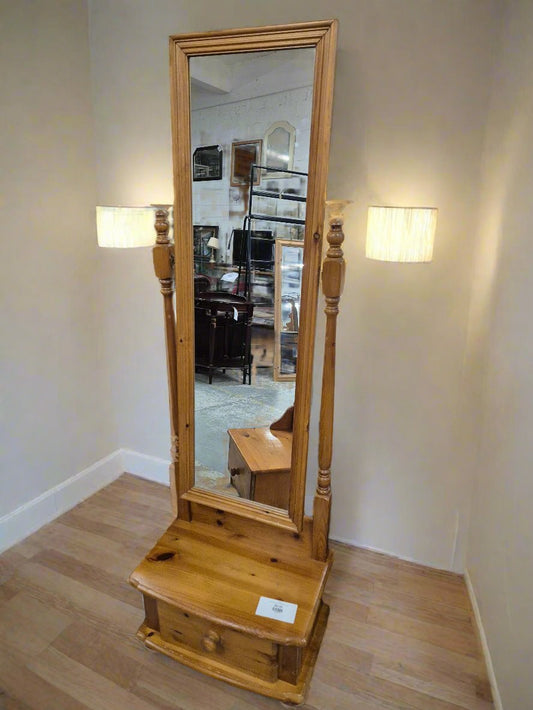 Pine cheval mirror on stand with drawer