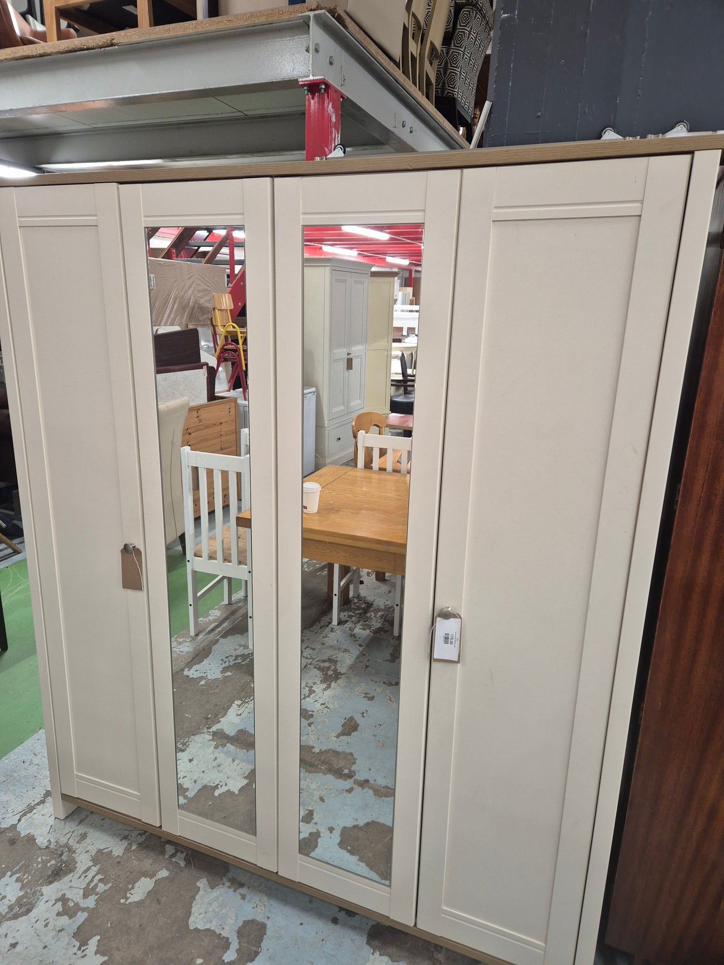 Large cream laminate 4 door wardrobe with oak laminated capping and mirrorred doors 4224