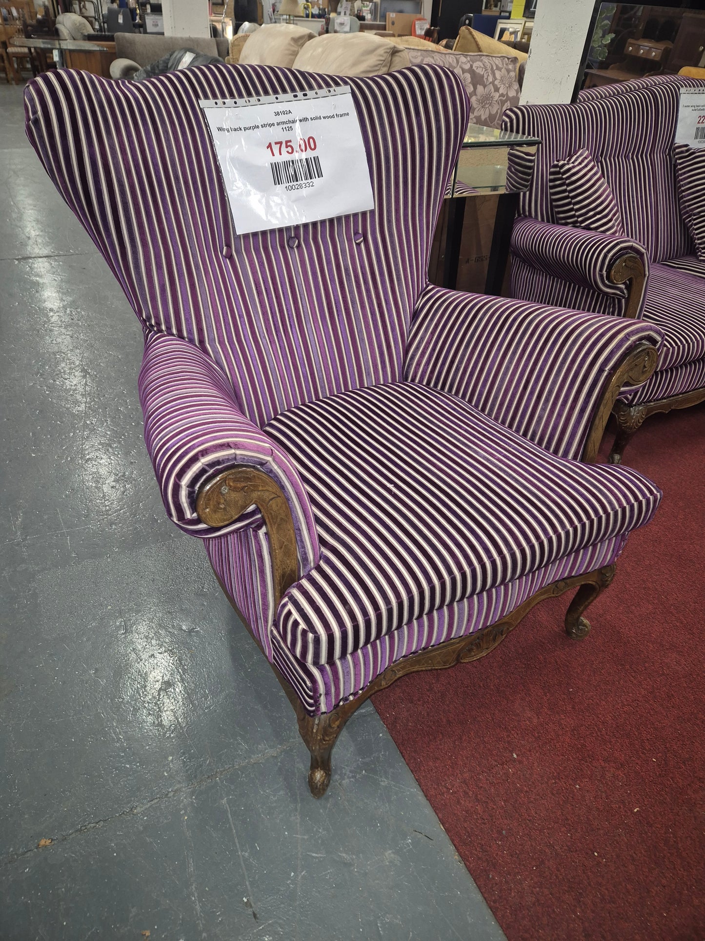 Wing back purple stripe armchair with solid wood frame 1125