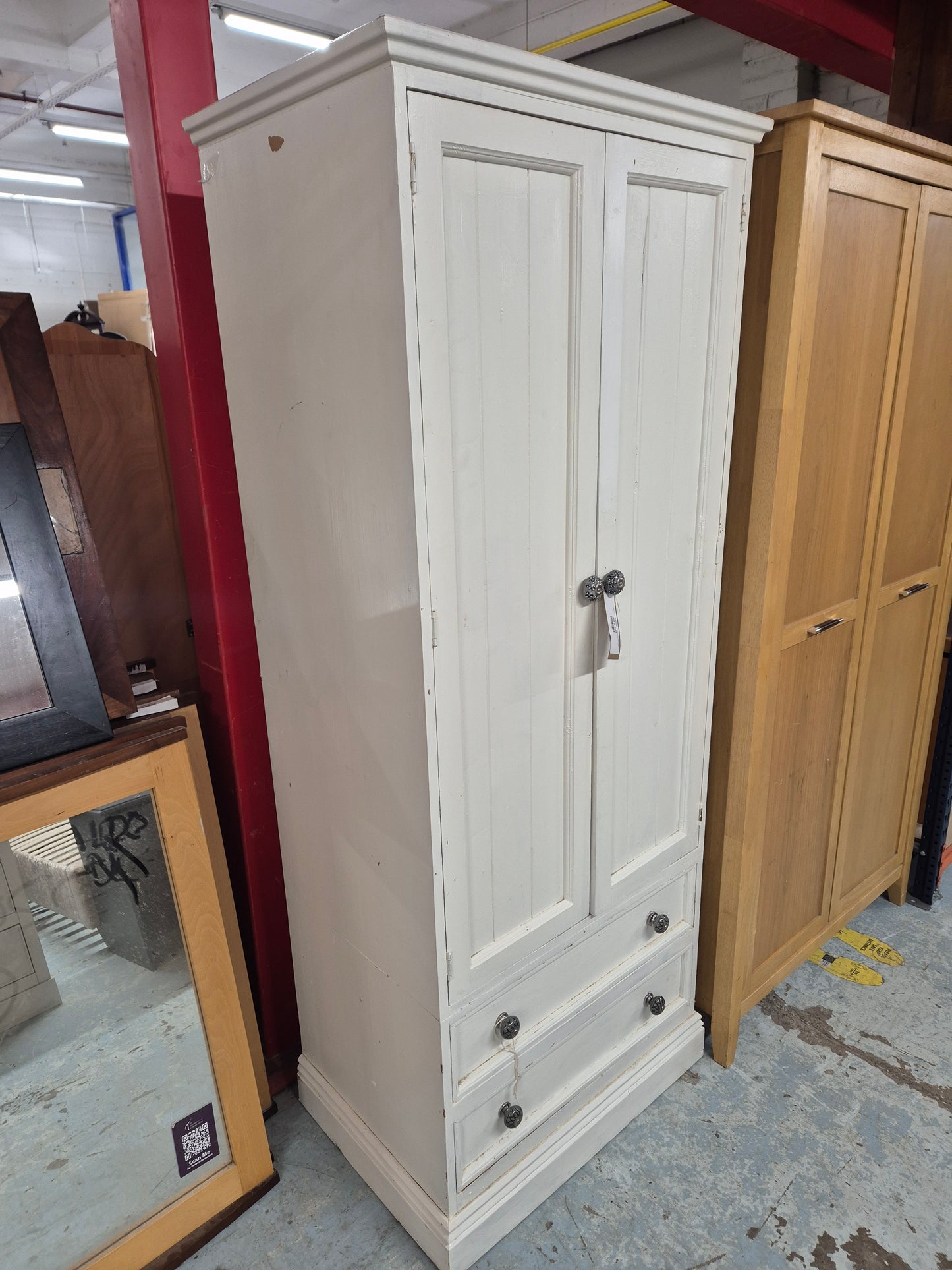 Tall 2 door cream painted solid pine wardrobe with base drawers  1125