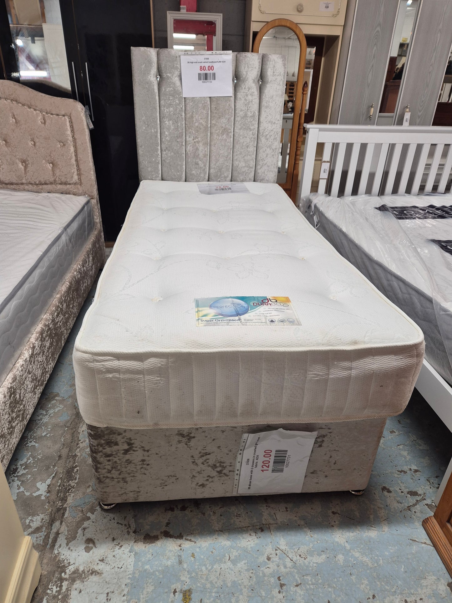 3ft divan base with 2 drawers in crushed grey velvet fabric  4224