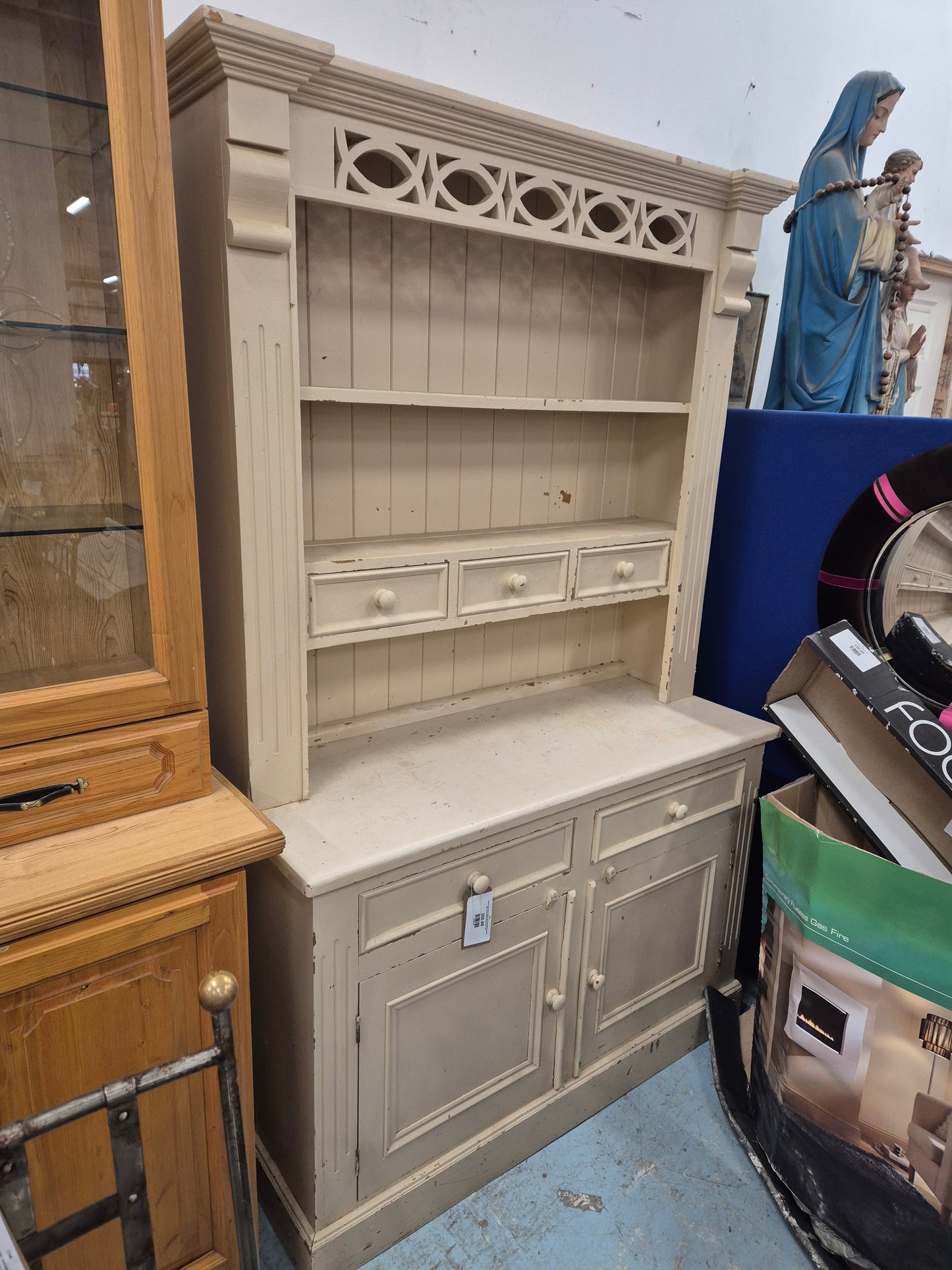 Tall top open cream painted solid wood kitchen dresser with ornate detail and base doors  1125