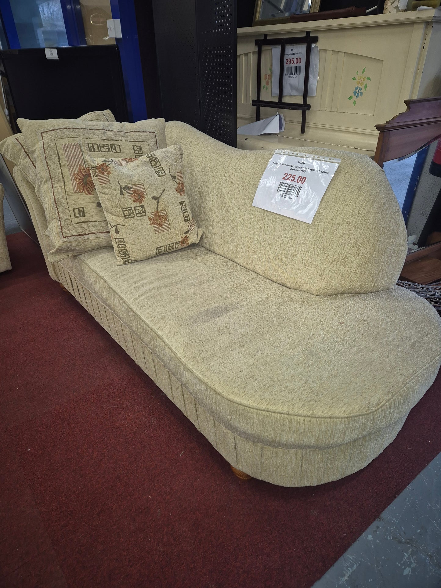 Larger chaise lounge oatmeal fabric sofa with scatter cushions 1125