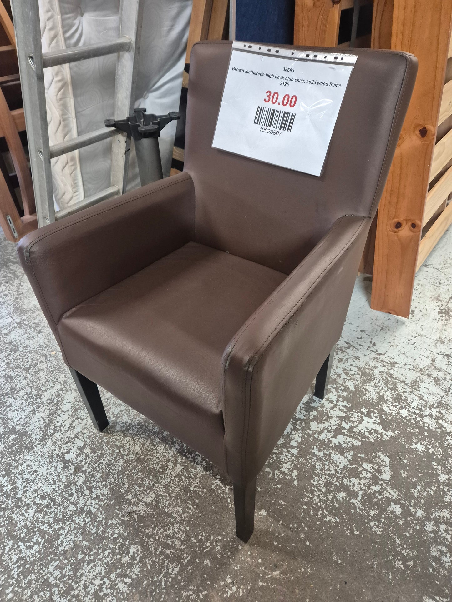 Brown leatherette high back club chair, solid wood frame  2125