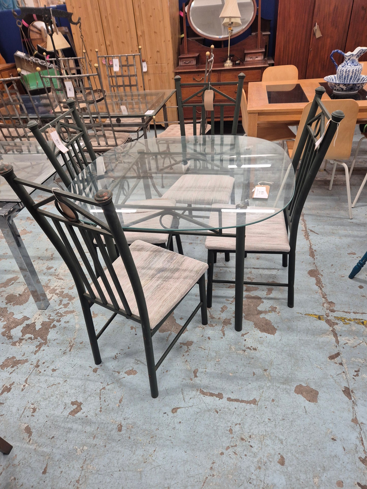 Al Frank framed metal and glass dining table with 4 no. matching chairs (fabric needs replacing) 1125