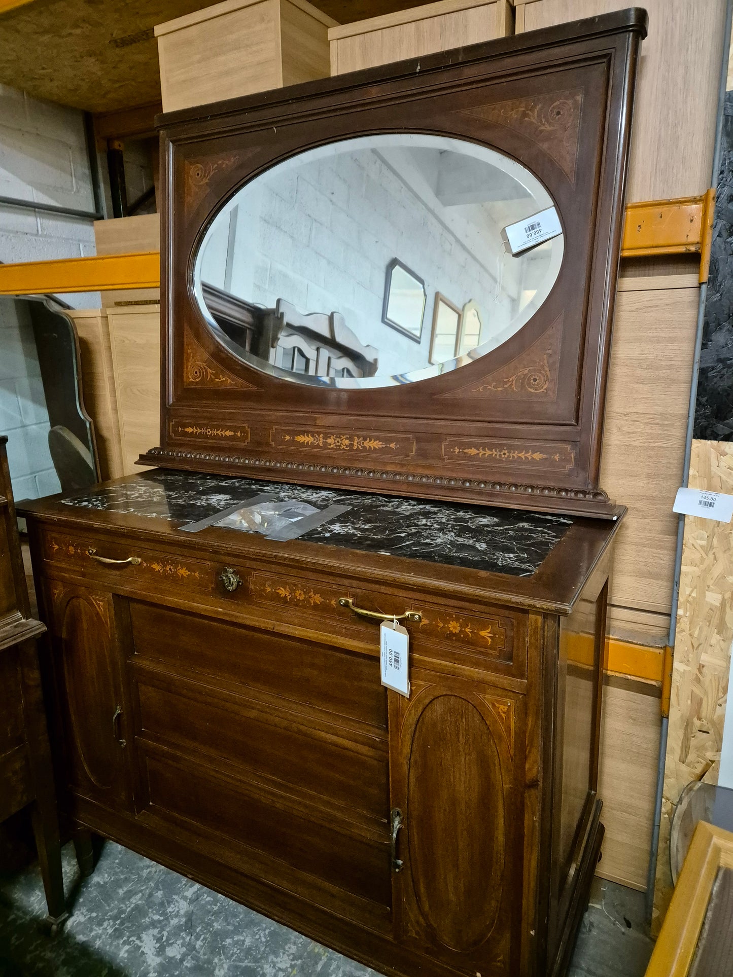 Solid mahogany inlaid 3 drawer 2 door sideboard with black marble insert and mirror 2224