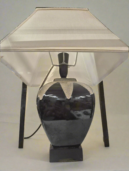 Black ceramic based lamp with silver triangle pattern cream shade 2324