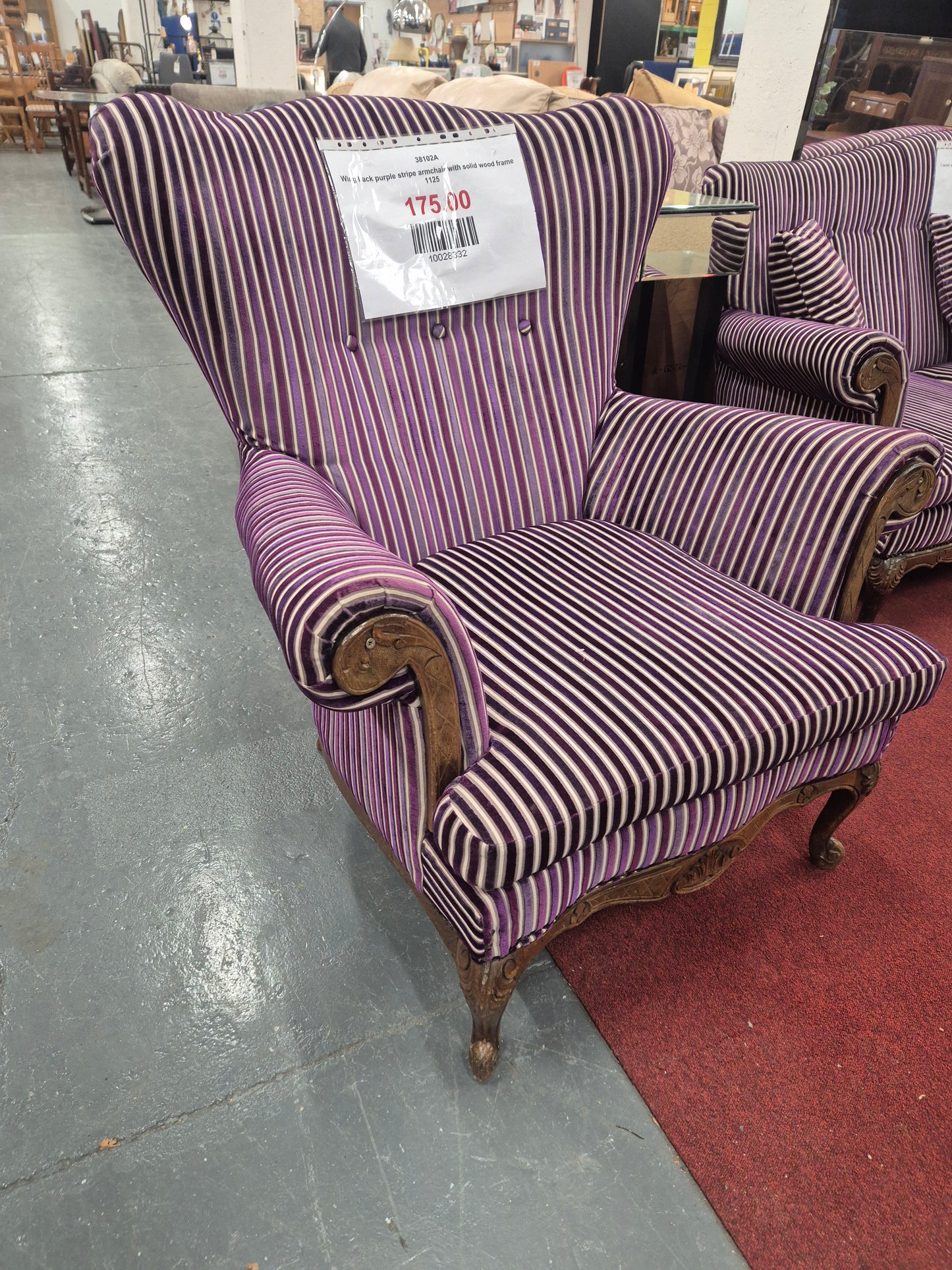 Wing back purple stripe armchair with solid wood frame 1125