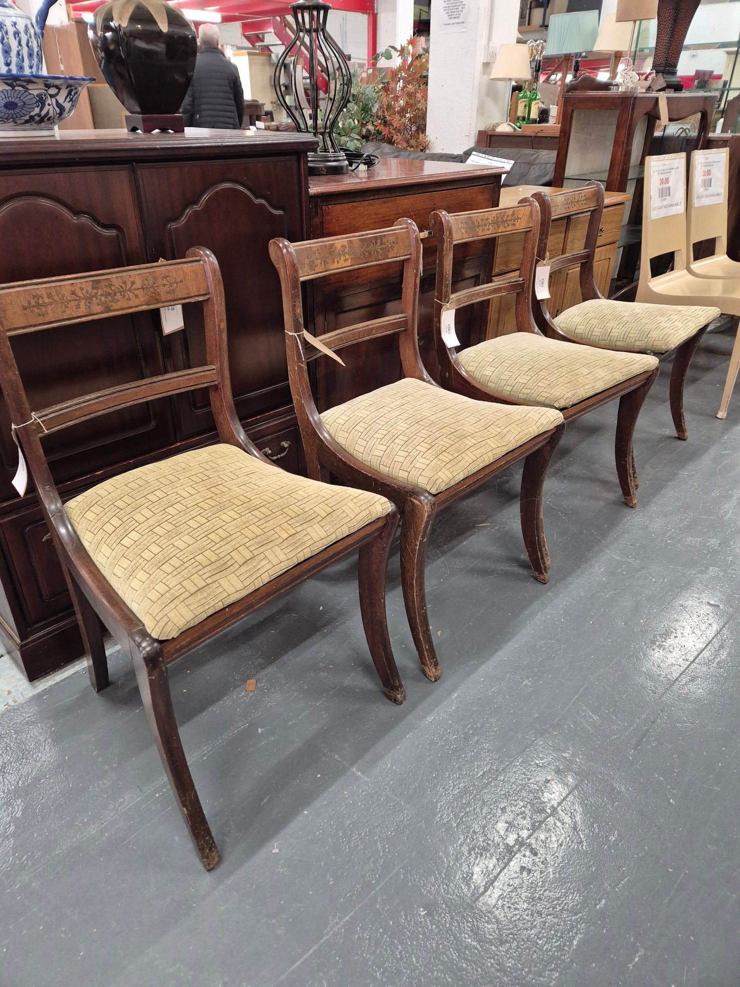 Mahogany framed dining chairs with fabric seat (2 carvers)