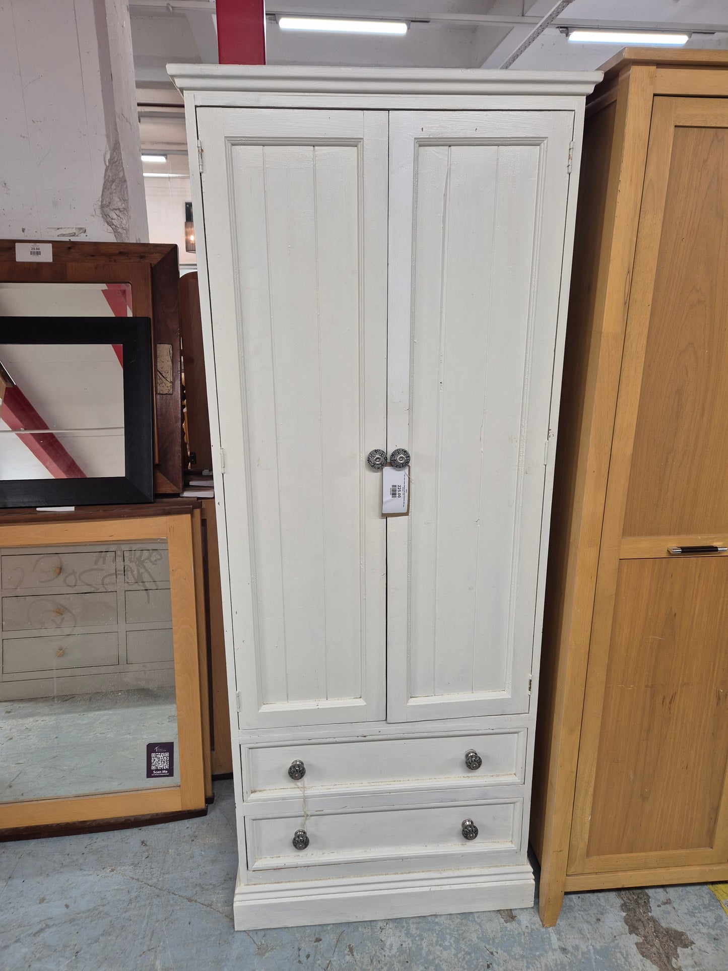 Tall 2 door cream painted solid pine wardrobe with base drawers  1125