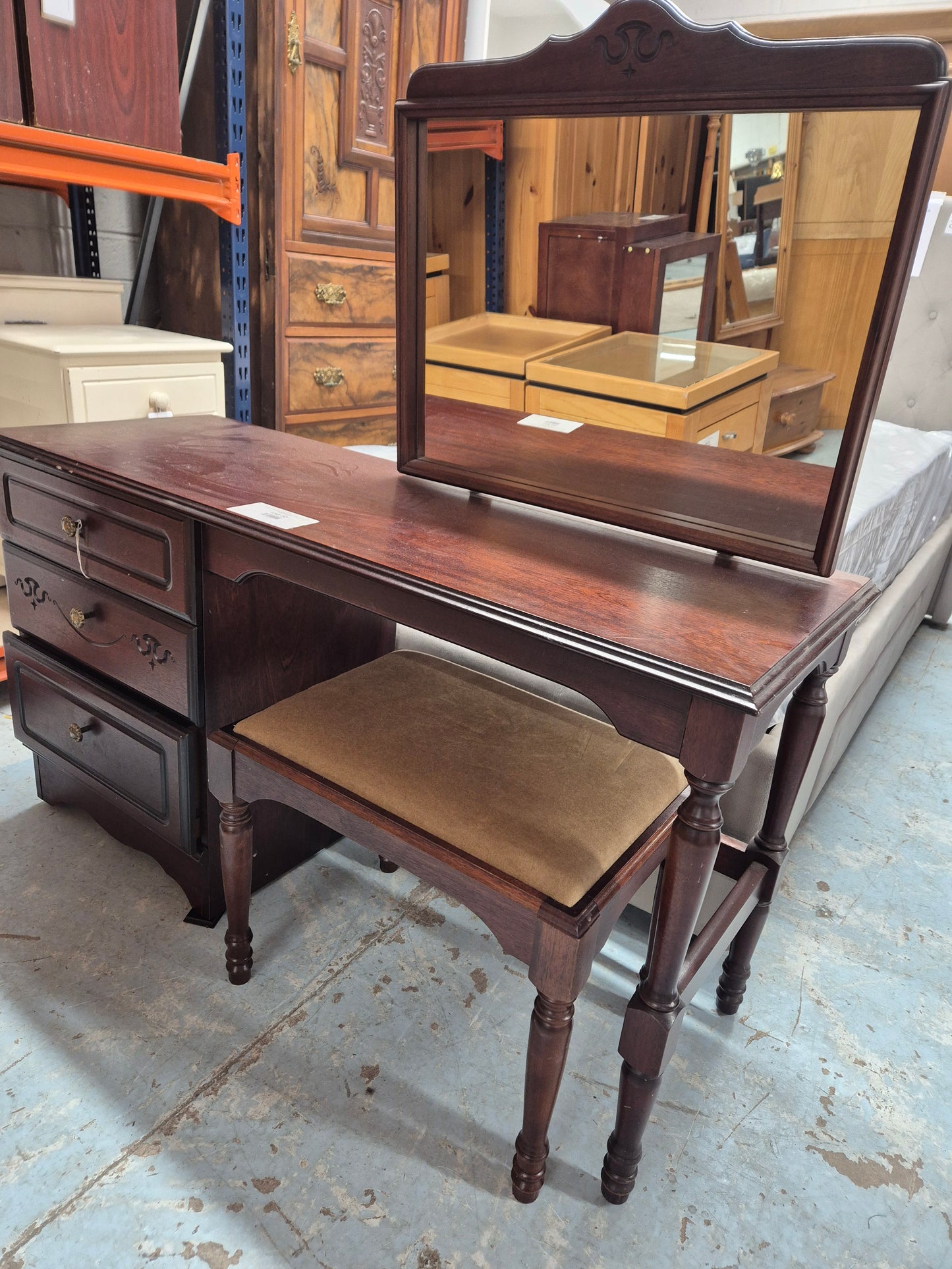 Rossmore mahogany 3 drawer dressing table with mirror and low stool