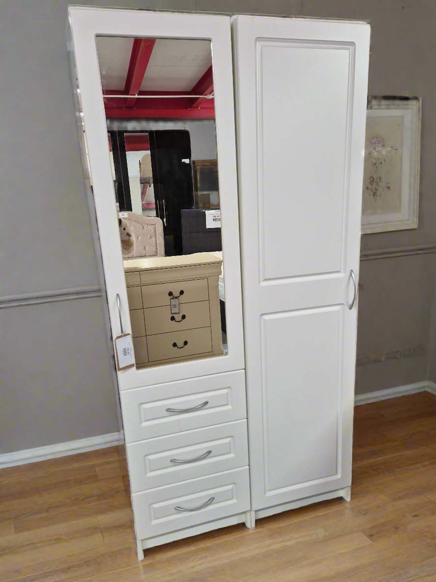 White  2 door 3 drawer wardrobe with mirror