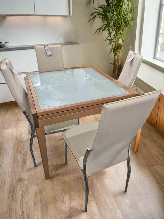 Square wood framed glass extendable kitchen table and 4 no. cream leatherette high back dining chairs 3124