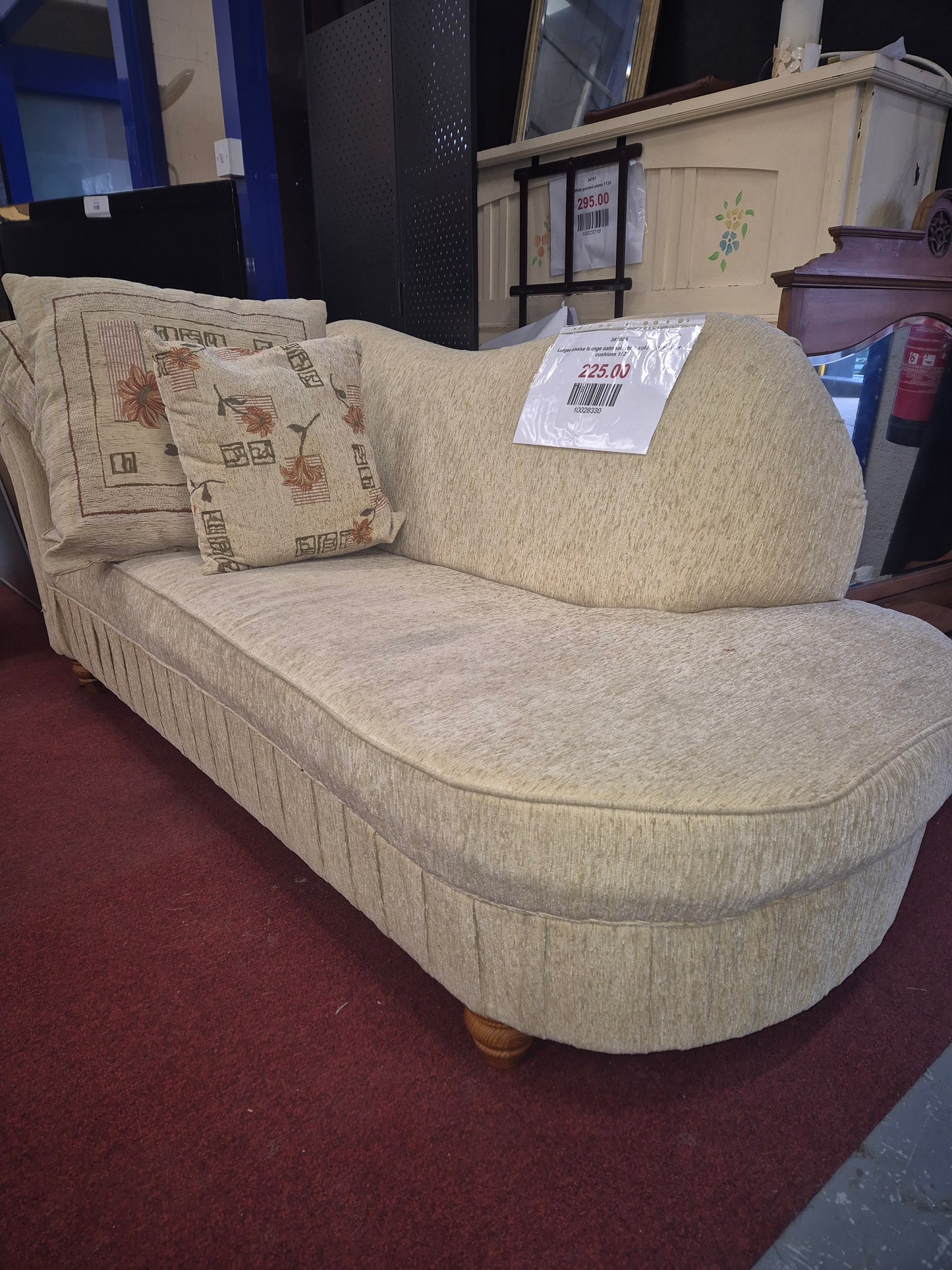 Larger chaise lounge oatmeal fabric sofa with scatter cushions 1125