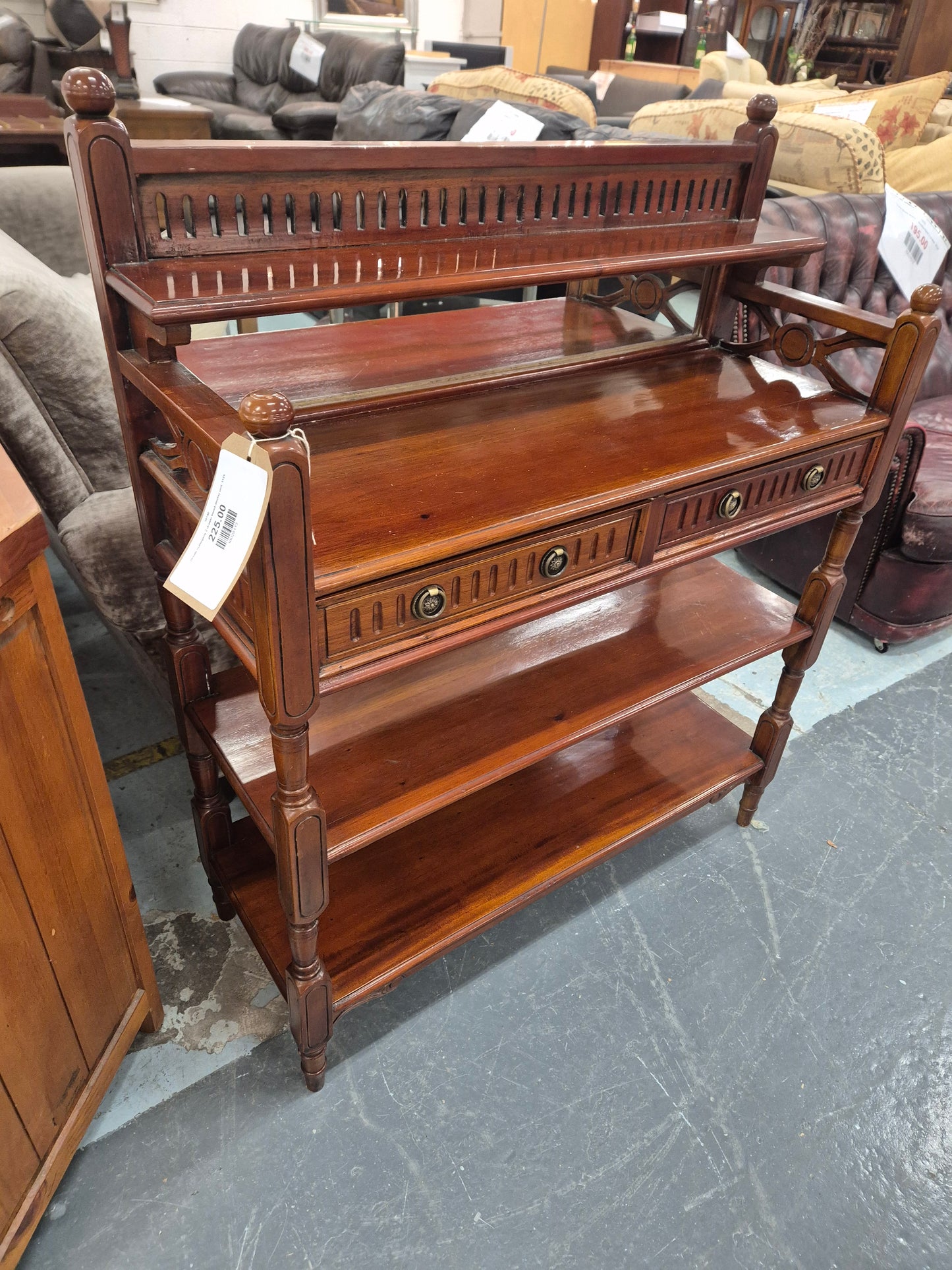 Ornate mahogany 2 drawer tiered display unit  1125