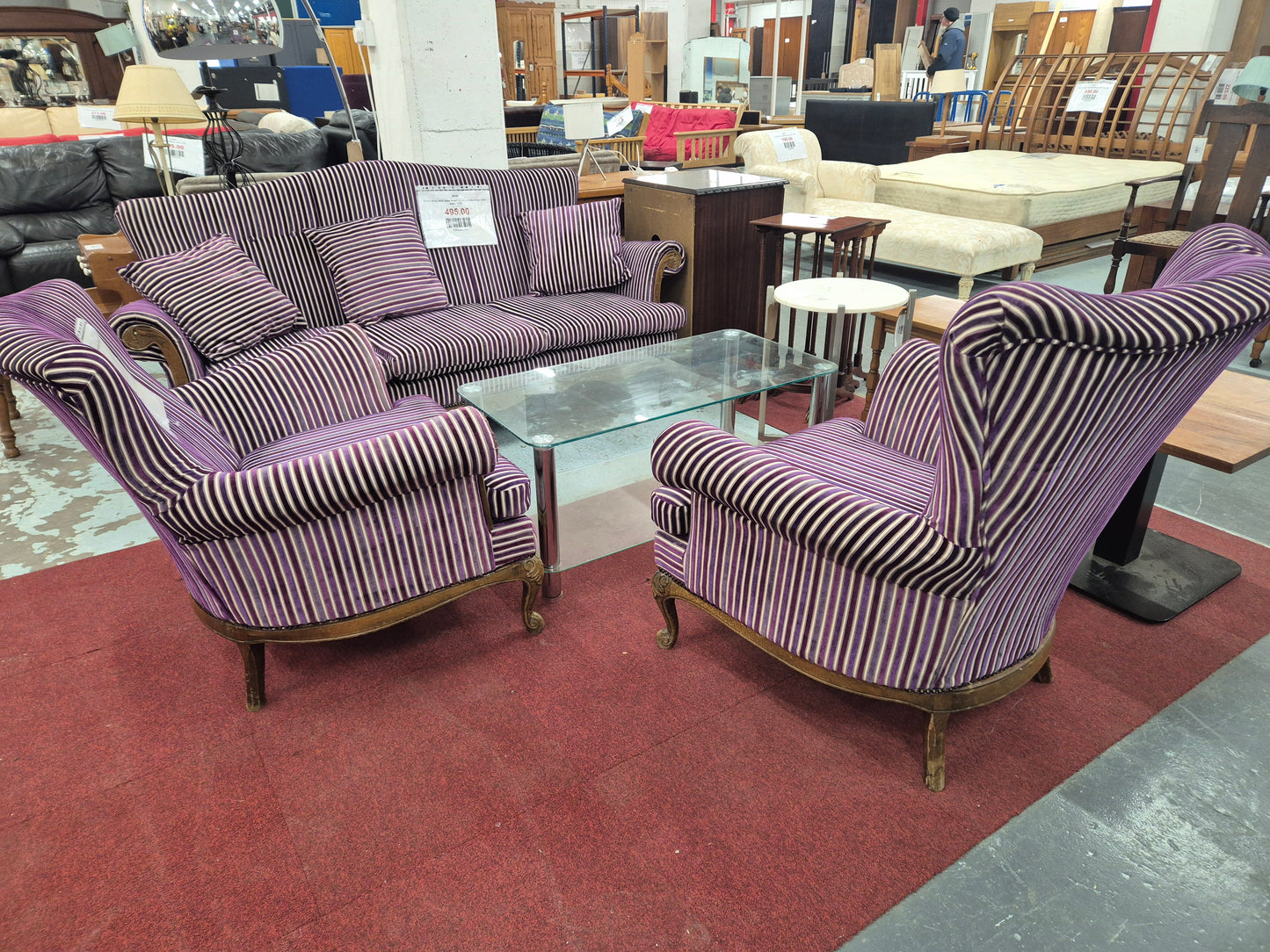 3+1+1 wing back solid wood frame, purple stripe sofa suite  1125