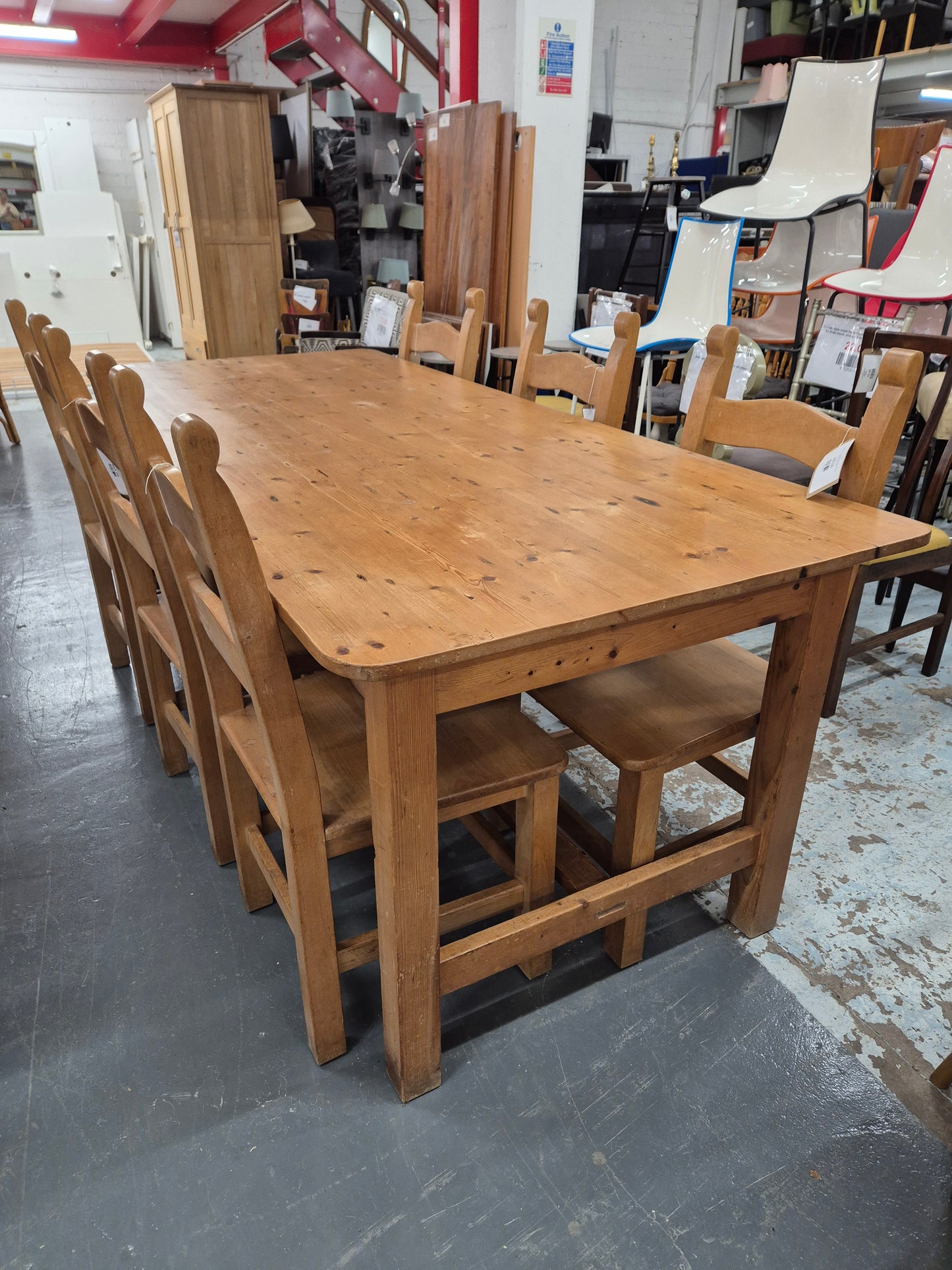 Solid pine large farmhouse kitchen table with 6 no. matching chairs  4224