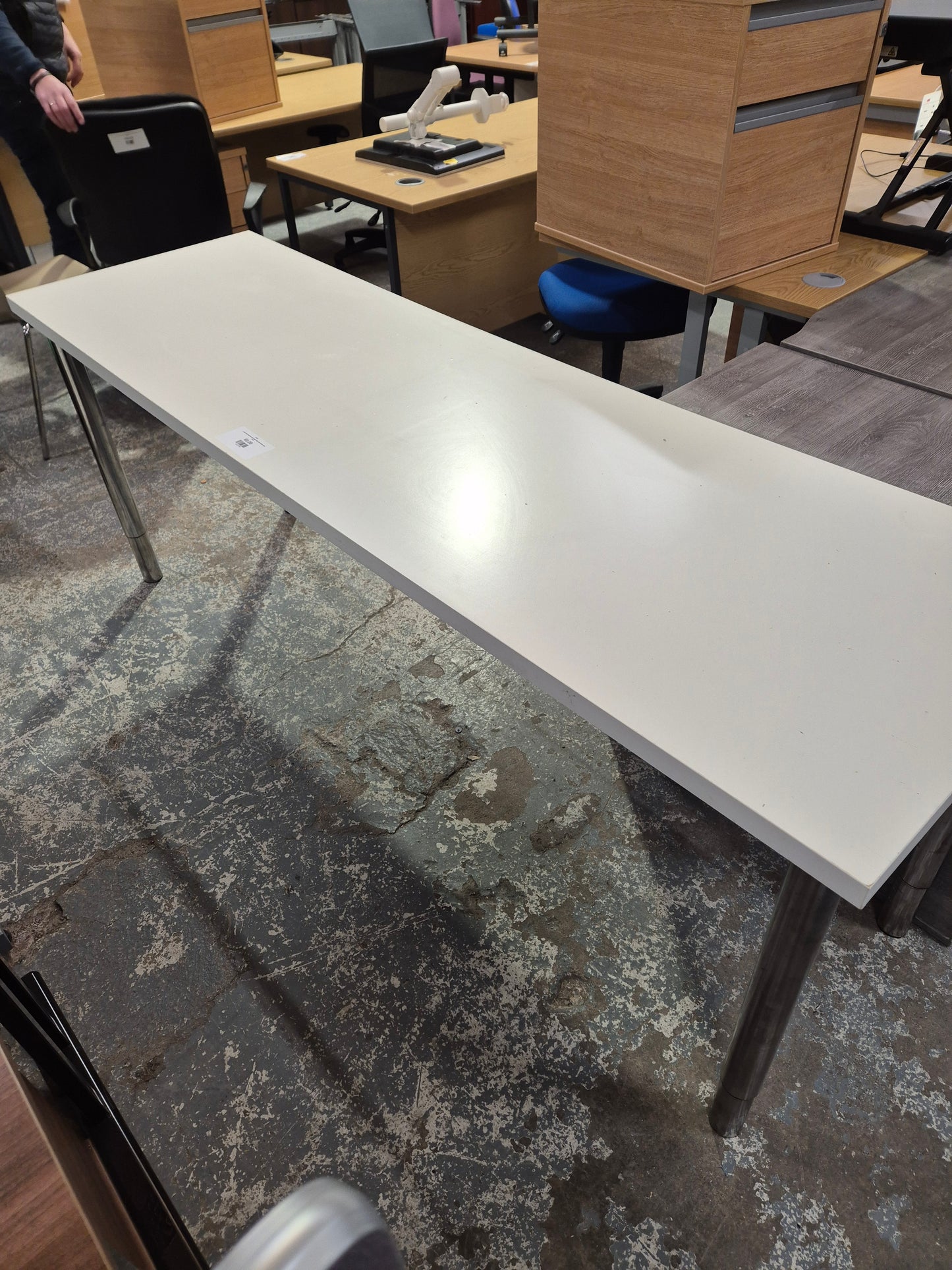 Large white laminate study desk with metal tubular legs  4224