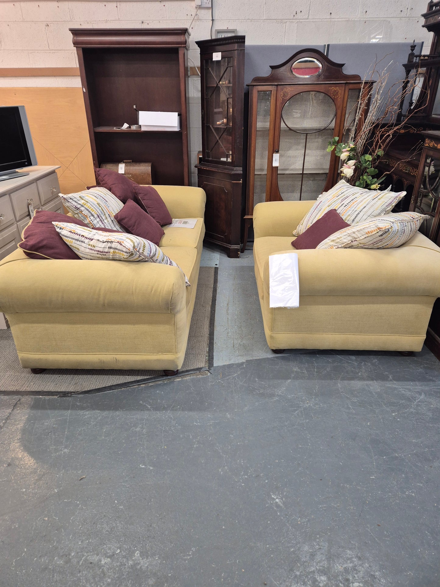 3 seater roll back low frame mixed  yellow fabric suite with scatter cushions%A0 1125