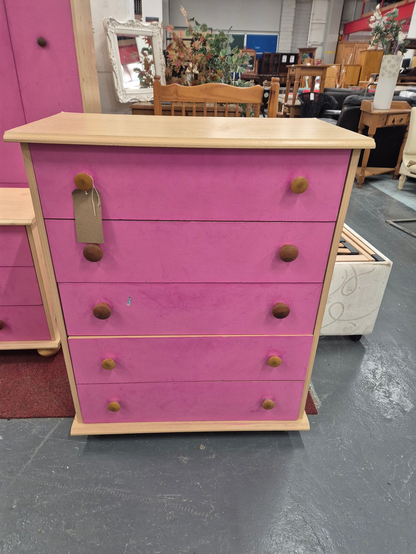 Pink and beech laminate 4 drawer chest  4224