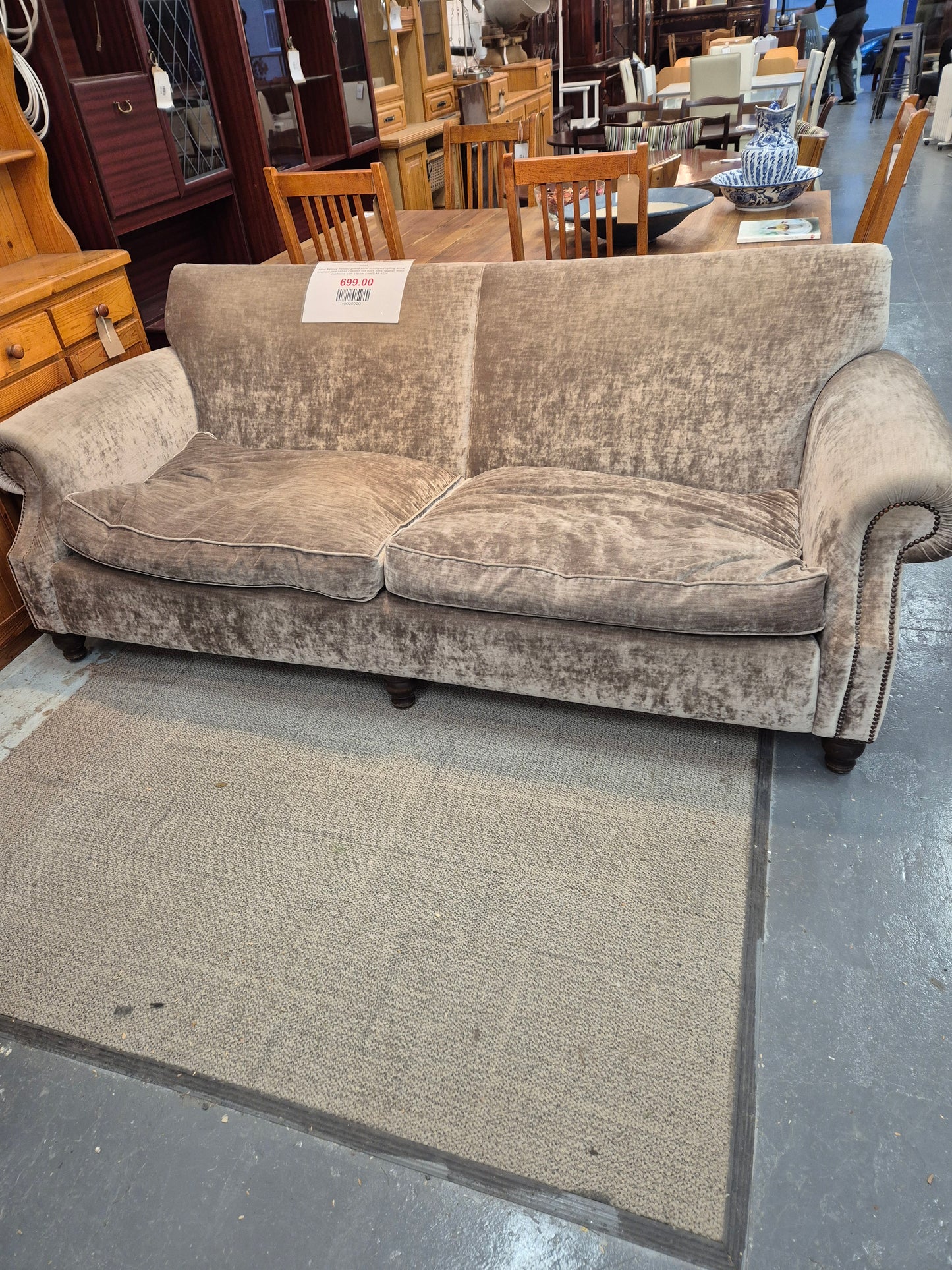 John Sankey Tolstoy grand sofa, scalloped rolling arms, crushed grey velvet 2 seater roll back sofa, feather filled cushions with a foam core%A0 4224